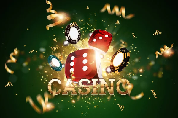 Kreativer Hintergrund, Beschriftung Casino, Glücksspiel Würfel, Karten, Casino-Chips auf einem grünen. das Konzept des Glücksspiels, Casino, Gewinne, vegas Spiele Hintergrund. 3D-Renderer, 3D-Illustration. — Stockfoto