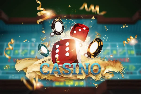 Creative bakgrund, Inscription Casino, spel DICE, kort, casinomarker på bakgrunden av spelbordet. Begreppet hasardspel, Casino, vinster, 3D Render, 3D illustration. — Stockfoto