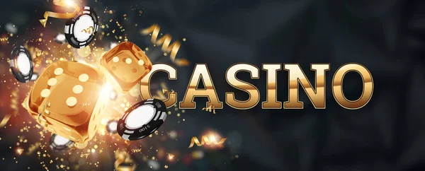 Creatieve achtergrond, inscriptie Casino, Roulette, gokken dobbelstenen, kaarten, casino chips op een donkere achtergrond. Het concept van gokken, Casino, winsten, Vegas games. 3D renderen, 3D illustratie. — Stockfoto