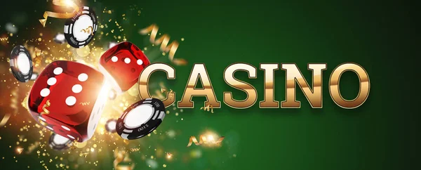 Δημιουργική φόντο, επιγραφή καζίνο, ζάρια τζόγου, κάρτες, μάρκες καζίνο σε ένα πράσινο. Η έννοια των τυχερών παιχνιδιών, καζίνο, κέρδη, Vegas παιχνίδια φόντο. απόδοση 3D, απεικόνιση 3D. — Φωτογραφία Αρχείου