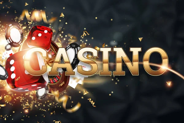 Fondo creativo, casino de inscripción, ruleta, dados de juego, tarjetas, fichas de casino en un fondo oscuro. El concepto de juegos de azar, casino, ganancias, Juegos de Las Vegas. Renderizado 3D, ilustración 3D . — Foto de Stock