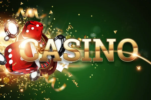 Creatieve achtergrond, inscriptie Casino, gokken dobbelstenen, kaarten, casino chips op een groene. Het concept van gokken, Casino, winsten, Vegas games achtergrond. 3D renderen, 3D illustratie. — Stockfoto