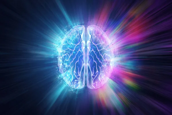 Творчий фон, людський мозок на синьому фоні, півкуля відповідає за логіку і відповідає за творчість. різні півкулі мозку, 3D ілюстрації, 3D рендеринг — стокове фото