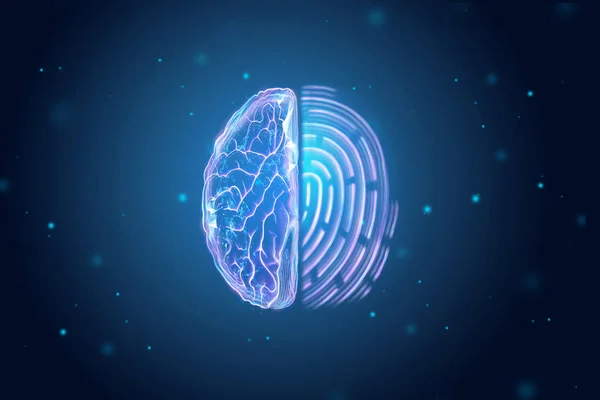 La mitad del cerebro y la vista de huellas dactilares desde arriba. El concepto de identidad, datos únicos. Ilustración 3D, renderizado 3D — Foto de Stock