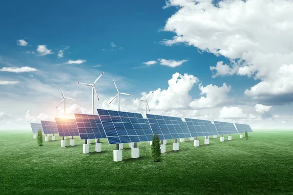 太阳能电池板和风力涡轮机在地平线前的背景。生态绿色城市主题。环境可持续能源供应. — 图库照片