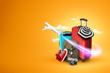 Yaratıcı arka plan, kırmızı bavul, spor ayakkabılar, sarı arka plan üzerinde uçak. Seyahat kavramı, turizm, tatil, tatil, rüya. Kopya alanı. 3d illüstrasyon, 3d render