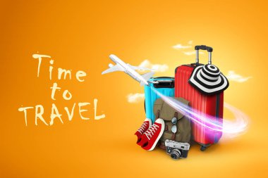 Yaratıcı arka plan, kırmızı bavul, seyahat için yazıt zamanı, spor ayakkabılar, sarı arka plan üzerinde uçak. Seyahat kavramı, turizm, tatil, tatil, rüya. 3d illüstrasyon, 3d render