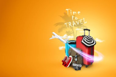 Yaratıcı arka plan, kırmızı bavul, spor ayakkabılar, sarı arka plan üzerinde uçak. Seyahat kavramı, turizm, tatil, tatil, rüya. Kopya alanı. 3d illüstrasyon, 3d render