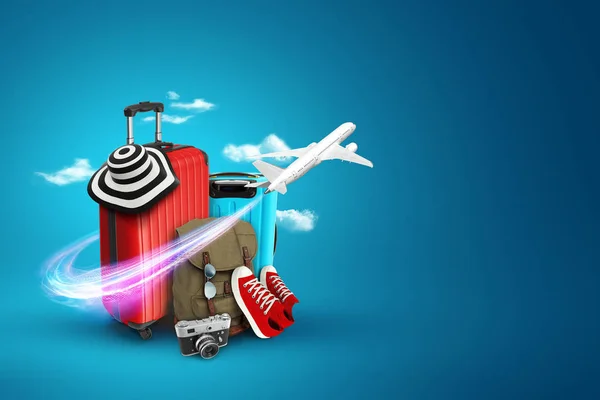 Tvůrčí pozadí, červený kufřík, tenisky, letadlo na modrém pozadí. Koncepce cestování, Turistika, dovolená, dovolená, sen. Kopírovat místo 3D ilustrace, prostorové vykreslování — Stock fotografie
