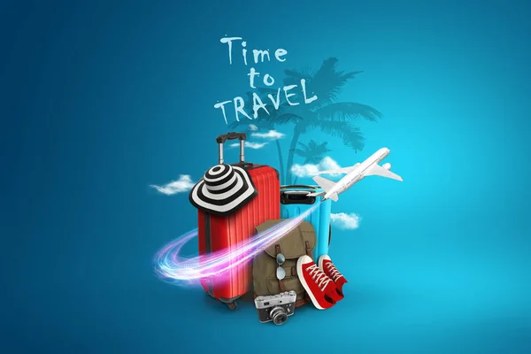 Creatieve achtergrond, rode koffer, de inscriptie tijd om te reizen, Sneakers, vliegtuig op een blauwe achtergrond. Concept van reizen, toerisme, vakantie, vakantie, droom. 3D-illustratie, 3D-rendering — Stockfoto