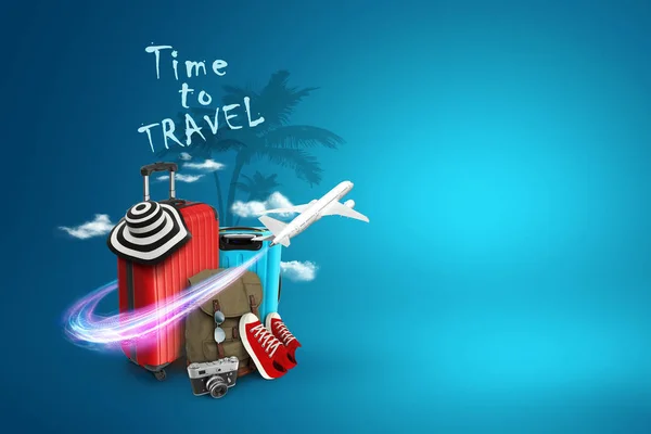 Creatieve achtergrond, rode koffer, de inscriptie tijd om te reizen, Sneakers, vliegtuig op een blauwe achtergrond. Concept van reizen, toerisme, vakantie, vakantie, droom. 3D-illustratie, 3D-rendering — Stockfoto