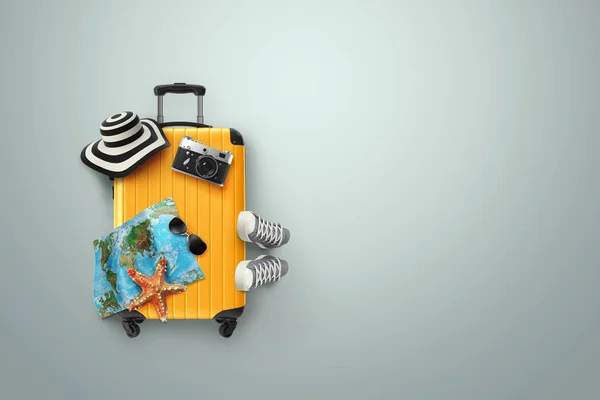 Creative background, yellow suitcase, sneakers, map on a gray background. Concept of travel, tourism, vacation, vacation, dream. Copy space. 3D illustration, 3D rendering — Stock Photo, Image