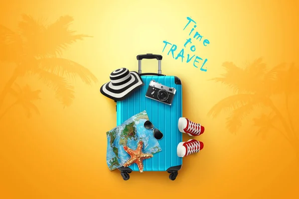 Creatieve achtergrond, blauwe koffer, de inscriptie tijd om te reizen, Sneakers, kaart op een gele achtergrond. Concept van reizen, toerisme, vakantie, vakantie, droom. 3D-illustratie, 3D-rendering — Stockfoto