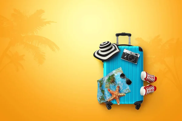 Creative background, blue suitcase, sneakers, map on a yellow background. Concept of travel, tourism, vacation, vacation, dream. Copy space. 3D illustration, 3D rendering — Stock Photo, Image