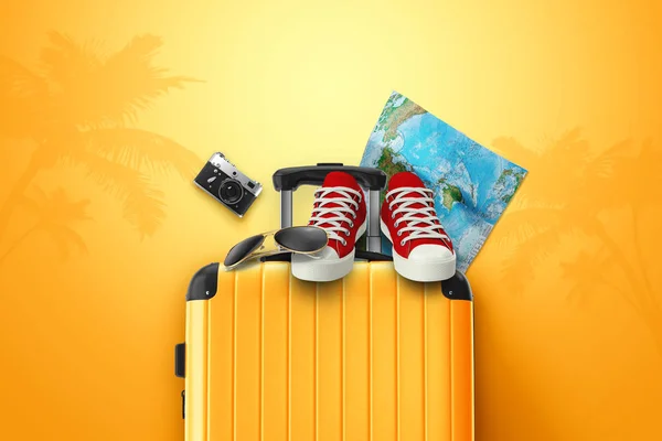 Creatieve achtergrond, gele koffer, Sneakers, kaart op een gele achtergrond. Concept van reizen, toerisme, vakantie, vakantie, droom. Kopieer ruimte. 3D-illustratie, 3D-rendering — Stockfoto