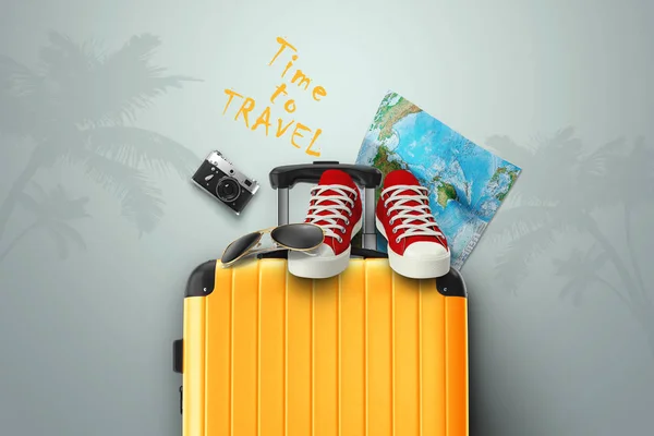 Fondo creativo, maleta amarilla, tiempo de viaje, zapatillas, mapa sobre fondo gris. Concepto de viaje, turismo, vacaciones, vacaciones, sueño. Ilustración 3D, representación 3D — Foto de Stock