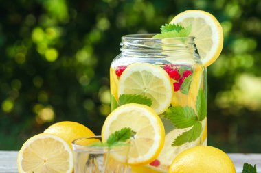 Taze limon, nane ve kızılcık ile ev yapımı limonata. Yeşil yaprakların arka planına karşı bir limonata bir can, güzel bokeh. Taze limonata, soğuk meyve suyu, ısı kavramı