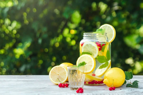 Homemade lemonade with fresh lemons, mint and cranberries. A can of lemonade against a background of green foliage, beautiful bokeh. The concept of fresh lemonade, cold juice, heat