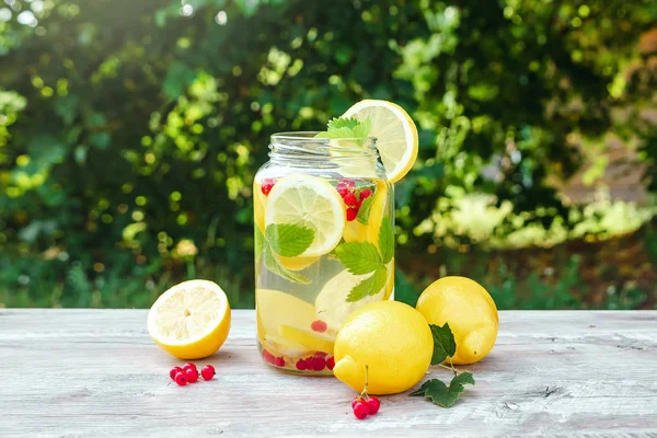 Homemade lemonade with fresh lemons, mint and cranberries. A can of lemonade against a background of green foliage, beautiful bokeh. The concept of fresh lemonade, cold juice, heat