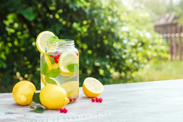 Limonada caseira com limões frescos, hortelã e cranberries. Uma lata de limonada contra um fundo de folhagem verde, belo bokeh. O conceito de limonada fresca, suco frio, calor — Fotografia de Stock