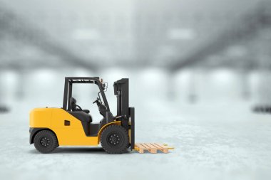 3d render, büyük bir depo arka planda Sarı yükleyici. Lojistik, teslimat, nakliye, paketleme kavramı