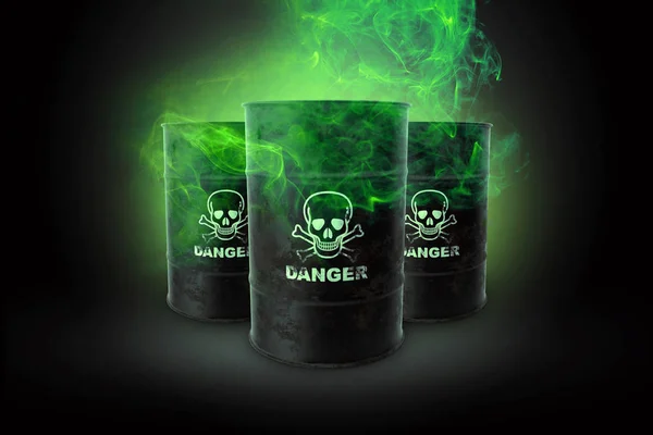 Black barrels with waste on a black background. Biological waste. The concept of chemical waste, pollution of nature, toxins. 3D render, 3D illustration