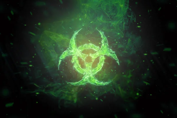 Zöld Biohazard Symbol a fekete háttér. A biológiai veszély jele. A kémiai hulladék fogalma, a természet szennyezése, a radioaktív hulladékok — Stock Fotó