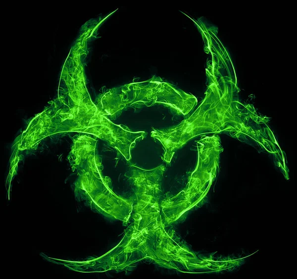 黒い背景に緑のバイオハザードシンボル。生物学的危険の兆候化学廃棄物、自然汚染、放射線廃棄物の概念 — ストック写真