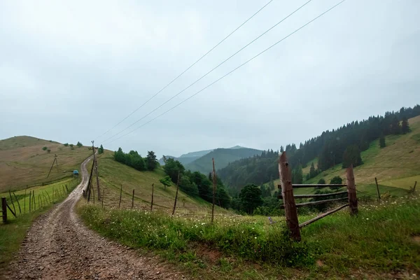 Montanha, bela paisagem de verão, estrada nas montanhas, céu, verão. Ucrânia, as montanhas dos Cárpatos. Conceito de viagem, turismo, férias, férias — Fotografia de Stock