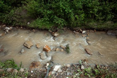 Manzara, dağ deresi, bir dağ nehrinde çağlayanlar. Aktif tatil kavramı, tatiller