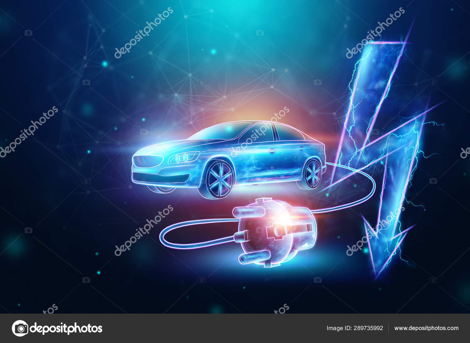 创意背景，电动车带充电线，全息图，电标志。电动汽车的概念是电动运动，为汽车充电，现代技术。3d 渲染，3d 插图——图库图片©  MarkoAliaksandr #289735992, image size:1600x1167