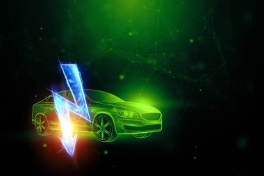 Yaratıcı arka plan, elektrikli araba hologramı, elektrik işareti. Elektromobilite e-hareket kavramı, araba için şarj, modern teknoloji. Kopya alanı. 3d Render, 3d illüstrasyon