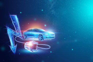Yaratıcı arka plan, şarj teli ile elektrikli araba, hologram, elektrik işareti. Elektromobilite e-hareket kavramı, araba için şarj, modern teknoloji. 3d Render, 3d illüstrasyon