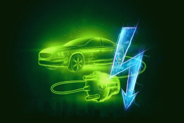 Yaratıcı arka plan, şarj teli ile elektrikli araba, hologram, elektrik işareti. Elektromobilite e-hareket kavramı, araba için şarj, modern teknoloji. 3d Render, 3d illüstrasyon