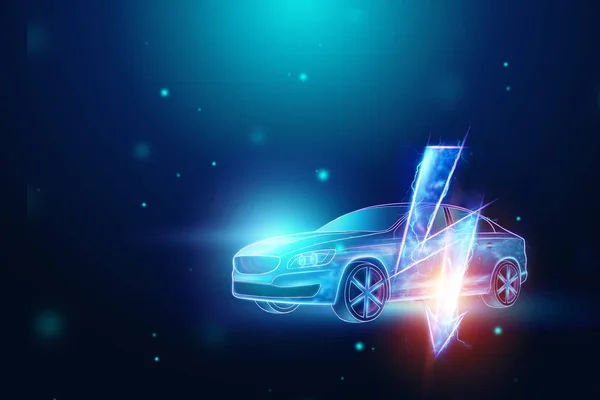 Fundo criativo, holograma de carro elétrico, sinal de eletricidade. O conceito de eletromobilidade e-motion, carregamento para o carro, tecnologia moderna. Espaço para cópia. 3D Render, ilustração 3D — Fotografia de Stock