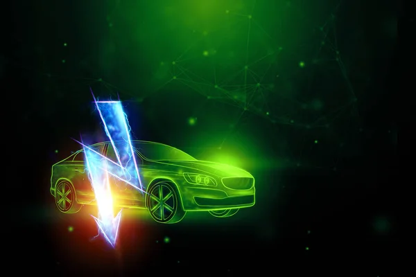 Creative background, Electric car hologram, electricity sign. The concept of electromobility e-motion, charging for the car, modern technology. Copy space. 3D Render, 3D illustration