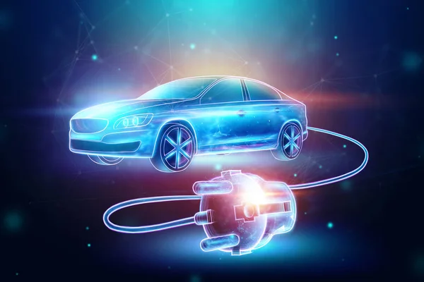 Fondo creativo, coche eléctrico con alambre de carga, holograma. El concepto de electromovilidad e-motion, la carga para el coche, la tecnología moderna. 3D Render, Ilustración 3D —  Fotos de Stock