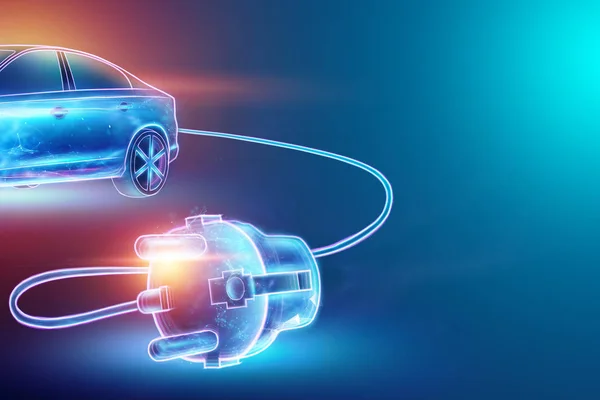 Kreativer Hintergrund, Elektroauto mit Ladekabel, Hologramm. das Konzept der Elektromobilität e-motion, das Laden für das Auto, moderne Technologie — Stockfoto