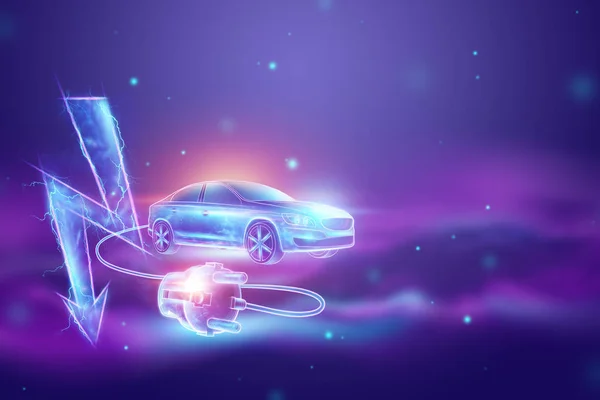 Creative background, Electric car with charging wire, hologram, electricity sign. The concept of electromobility e-motion, charging for the car, modern technology. 3D Render, 3D illustration