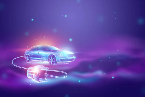 Fundo criativo, carro elétrico com fio de carregamento, holograma. O conceito de eletromobilidade e-motion, carregamento para o carro, tecnologia moderna. 3D Render, ilustração 3D — Fotografia de Stock
