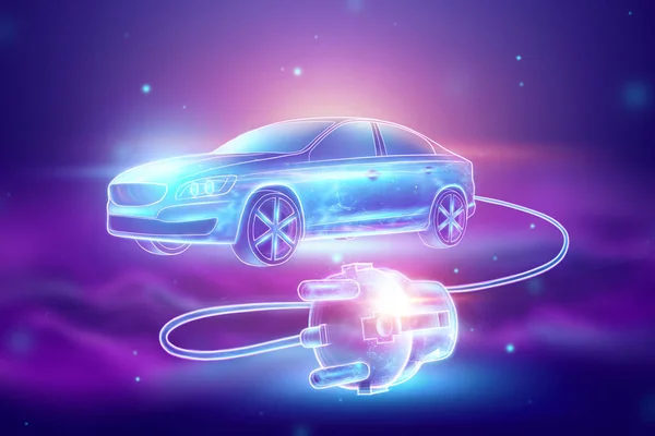 Creative background, Electric car with charging wire, hologram. The concept of electromobility e-motion, charging for the car, modern technology. 3D Render, 3D illustration