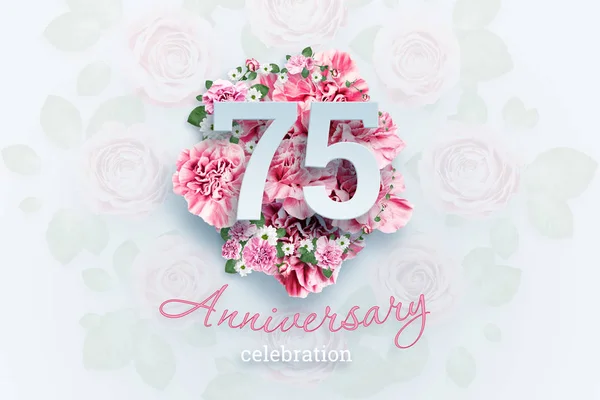 Creative background lettering 75 numbers and anniversary celebration text on pink flowers background. Anniversary concept, birthday, celebration event, template, flyer