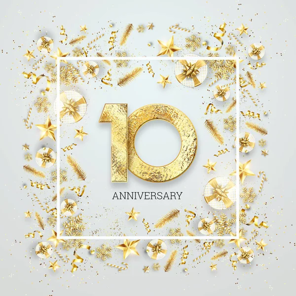 Creative background, 10th anniversary. Celebration of golden text and confetti on a light background with numbers, frame. Anniversary celebration template, flyer. 3D illustration, 3D render