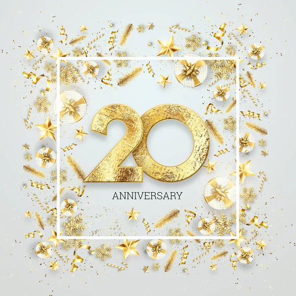 Creative background, 20th anniversary. Celebration of golden text and confetti on a light background with numbers, frame. Anniversary celebration template, flyer. 3D illustration, 3D render