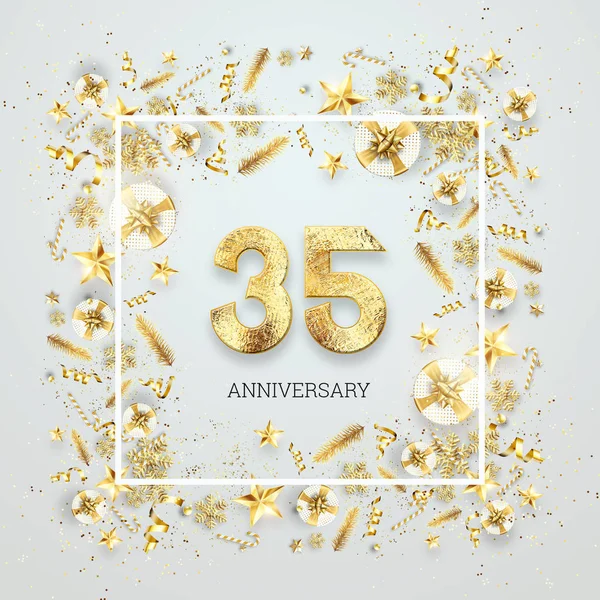 Creative background, 35th anniversary. Celebration of golden text and confetti on a light background with numbers, frame. Anniversary celebration template, flyer. 3D illustration, 3D render