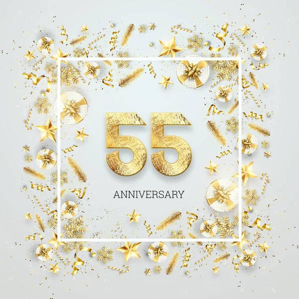 Creative bakgrund, 55: e årsdag. Firande av gyllene text och konfetti på en ljus bakgrund med siffror, ram. Jubileumsfest mall, reklamblad. 3D-illustration, 3D-rendering — Stockfoto
