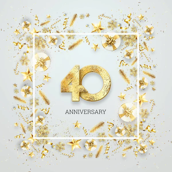 Creative background, 40th anniversary. Celebration of golden text and confetti on a light background with numbers, frame. Anniversary celebration template, flyer. 3D illustration, 3D render