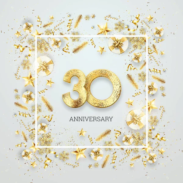 Creative background, 30th anniversary. Celebration of golden text and confetti on a light background with numbers, frame. Anniversary celebration template, flyer. 3D illustration, 3D render