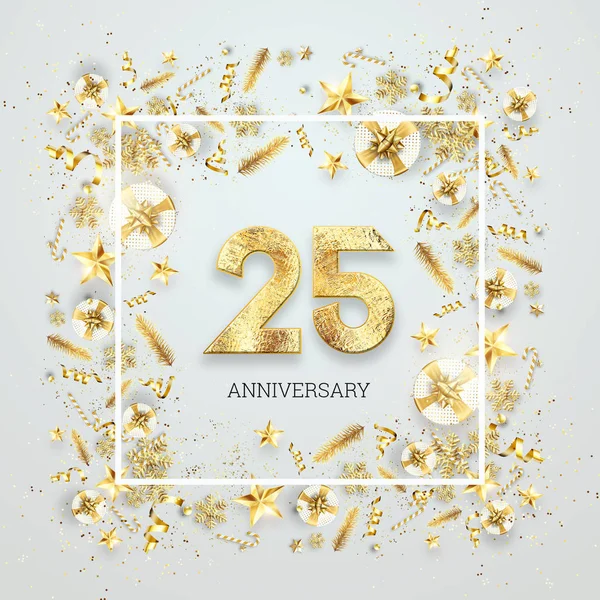 Fond créatif, 25e anniversaire. Célébration du texte doré et confettis sur un fond clair avec des chiffres, cadre. Modèle de célébration d'anniversaire, flyer. Illustration 3D, rendu 3D — Photo