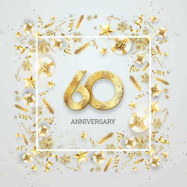 Creative background, 60th anniversary. Celebration of golden text and confetti on a light background with numbers, frame. Anniversary celebration template, flyer. 3D illustration, 3D render